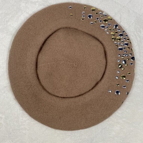Vintage Mark Reed Women's Wool Beret Tan Studded Metallic Silver Gold Classic OS - Picture 5 of 7